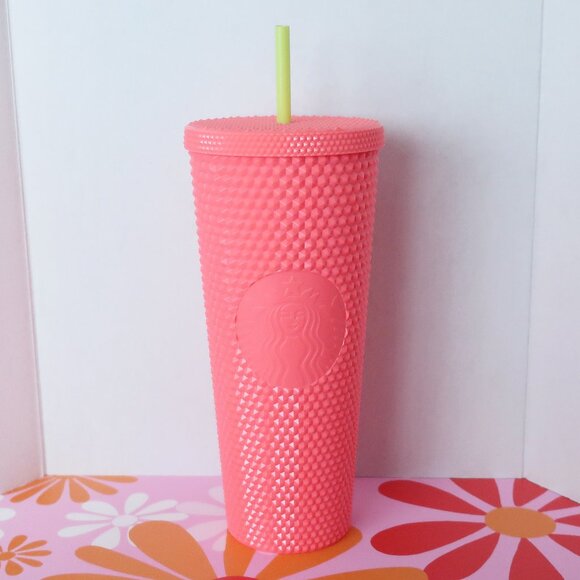 Starbucks coral studded 24oz tumbler with neon yellow straw - Picture 1 of 1